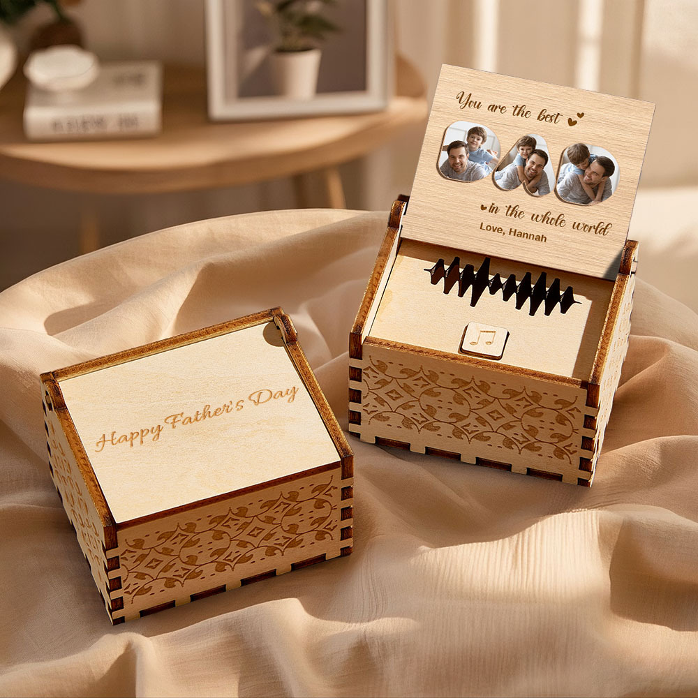 Personalized Father's Day Gift, Wooden Music Box with Custom Song, Voice or Tune, Father Gift, Photo Gift with Text, Grandpa Gift - CustomPhotoKeychainAU