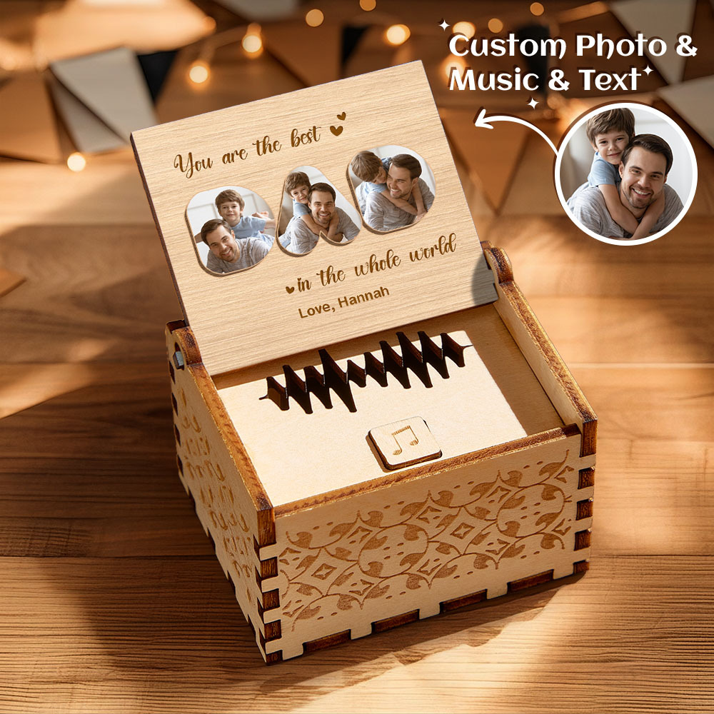 Personalized Father's Day Gift, Wooden Music Box with Custom Song, Voice or Tune, Father Gift, Photo Gift with Text, Grandpa Gift - CustomPhotoKeychainAU