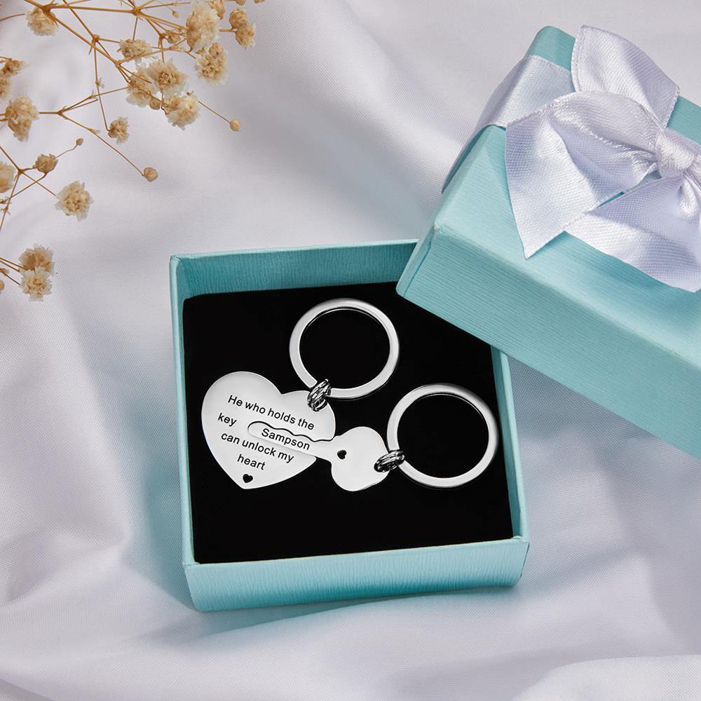 Custom Name Engraved Keychain Heart & Key - myphotokeyringau