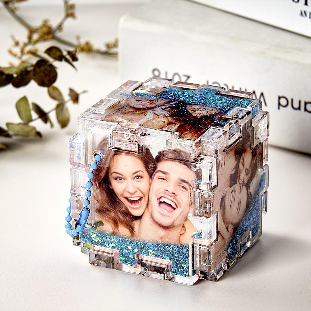 Custom Photo Quicksand Rubik's Cube Keychain Personalized Photos Keychain Funny Gift - customphotokeychain