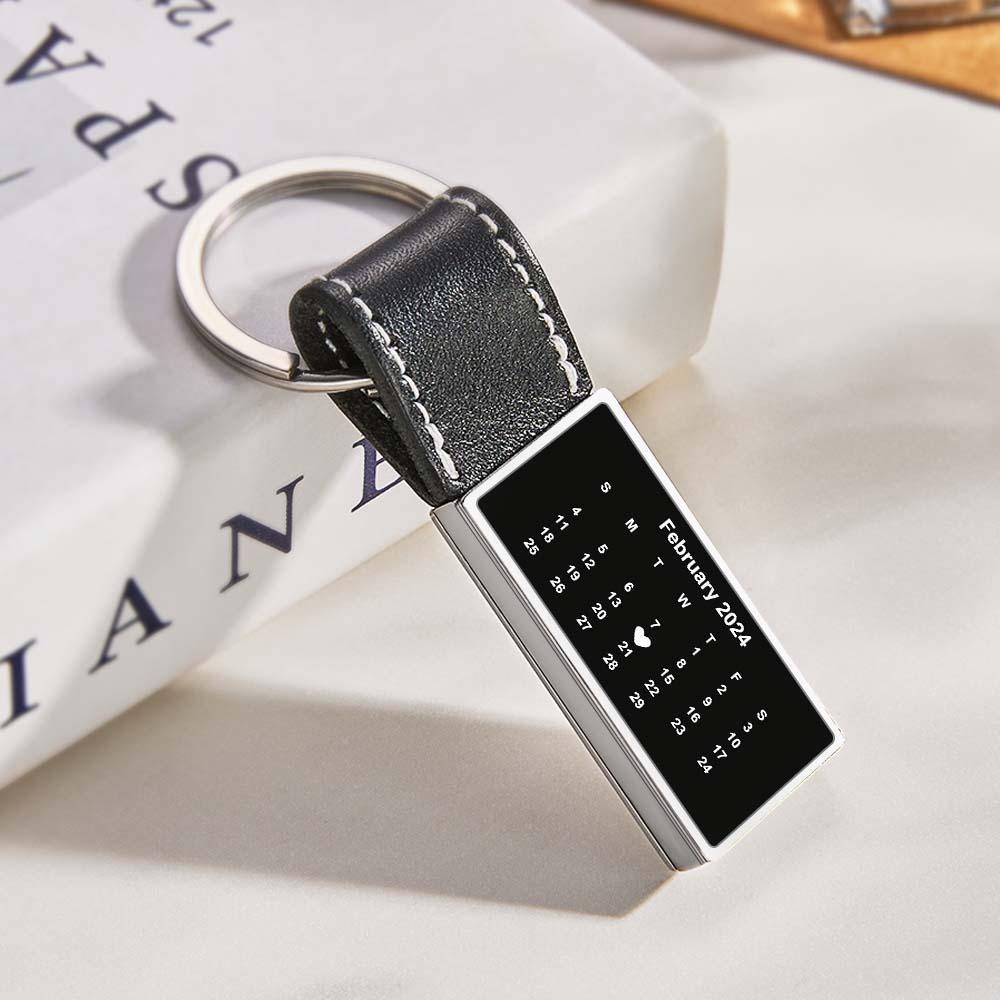 Customized Calendar Date Leather Keychain With Engraved Text Valentine Exclusive Gift For Men - customphotokeychain