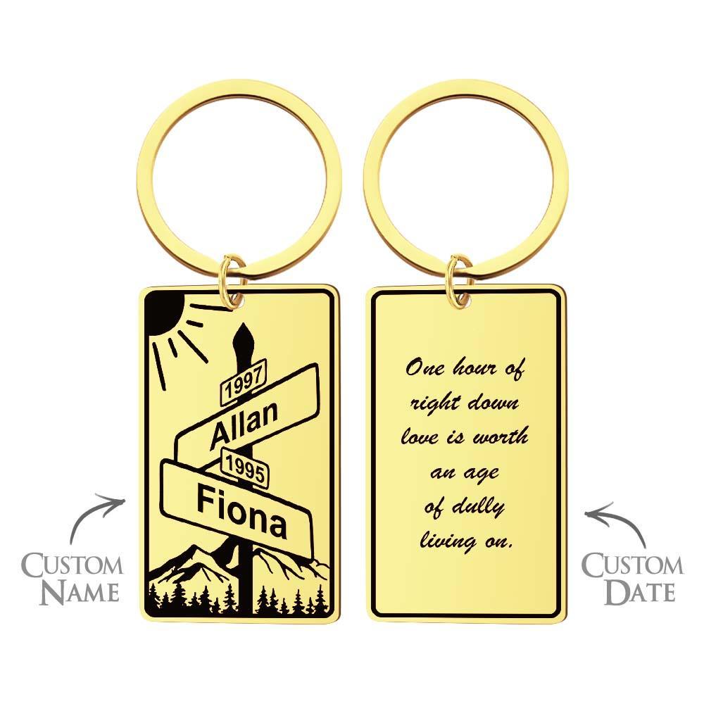 Custom Name Text Street Sign Keychain Personalized Intersection of Love Anniversary Gift For Couples - customphotokeychain