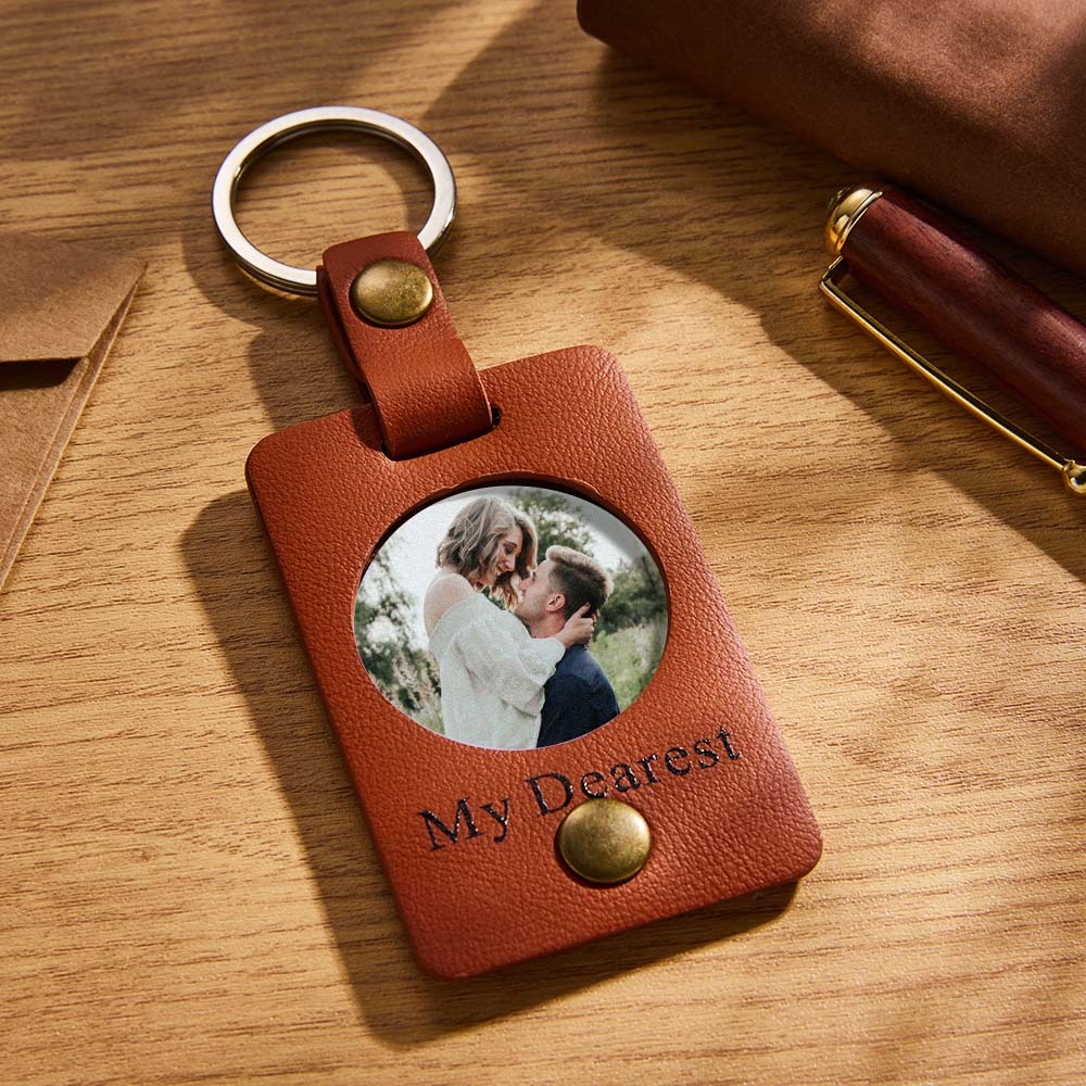 Custom Photo Engraved Keychains Simple Leather Couple Gifts - customphotokeychain
