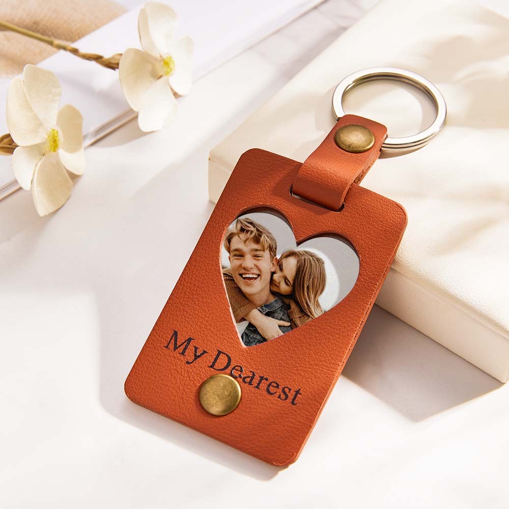Custom Photo Engraved Keychains Heart-shaped Leather Gifts for Couple - customphotokeychain