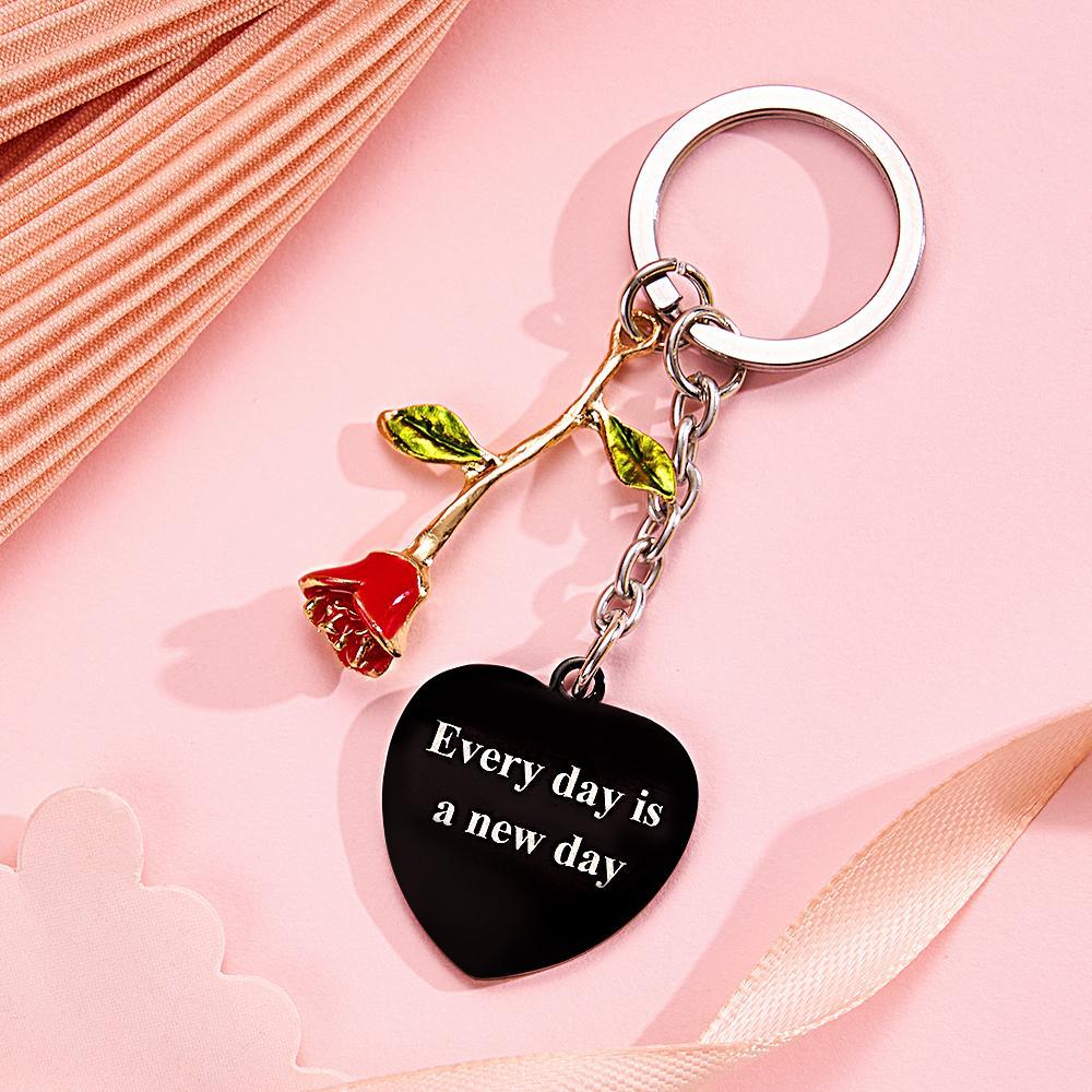 Personalized Rose Pendant Heart Keychain Elegant Flower Key Ring for Her - customphotokeychain