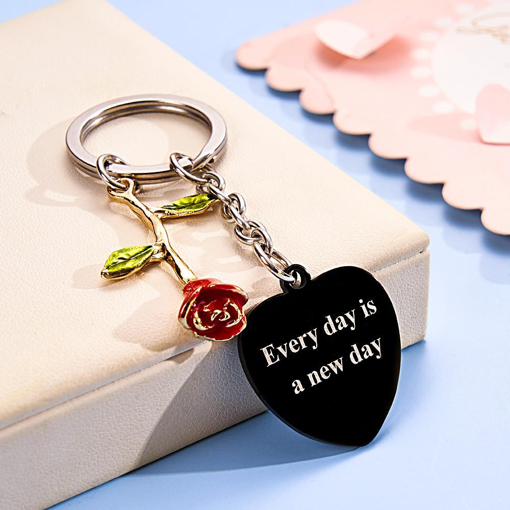 Personalized Rose Pendant Heart Keychain Elegant Flower Key Ring for Her - customphotokeychain