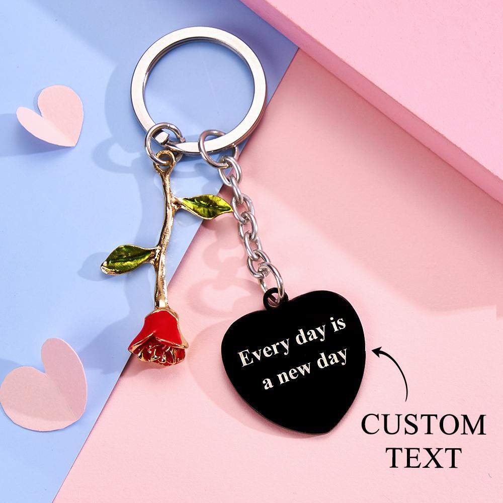 Personalized Rose Pendant Heart Keychain Elegant Flower Key Ring for Her - customphotokeychain