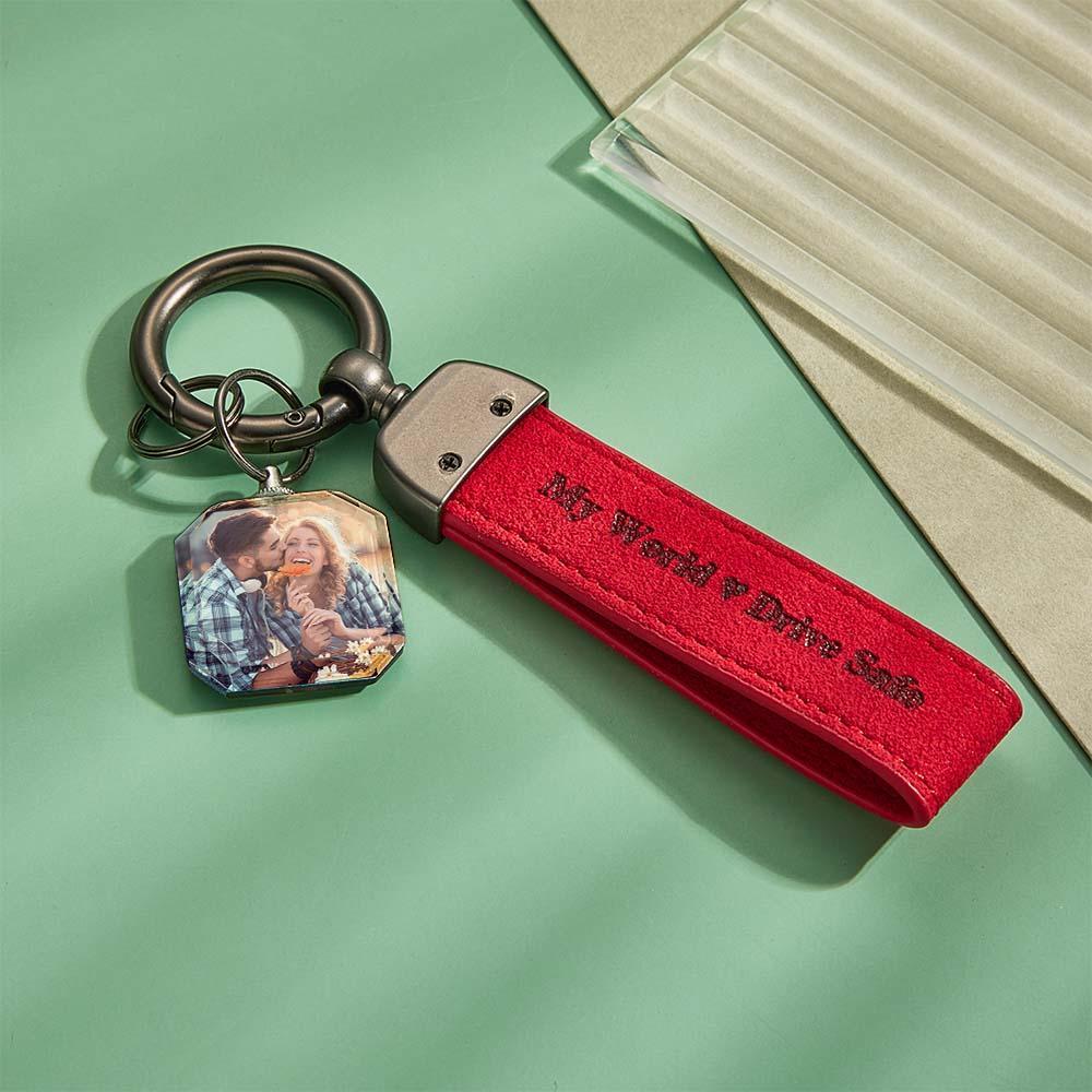 Drive Safe My Love Personalized Laser Engraved Leather Crystal Photo KeyChain - customphotokeychain