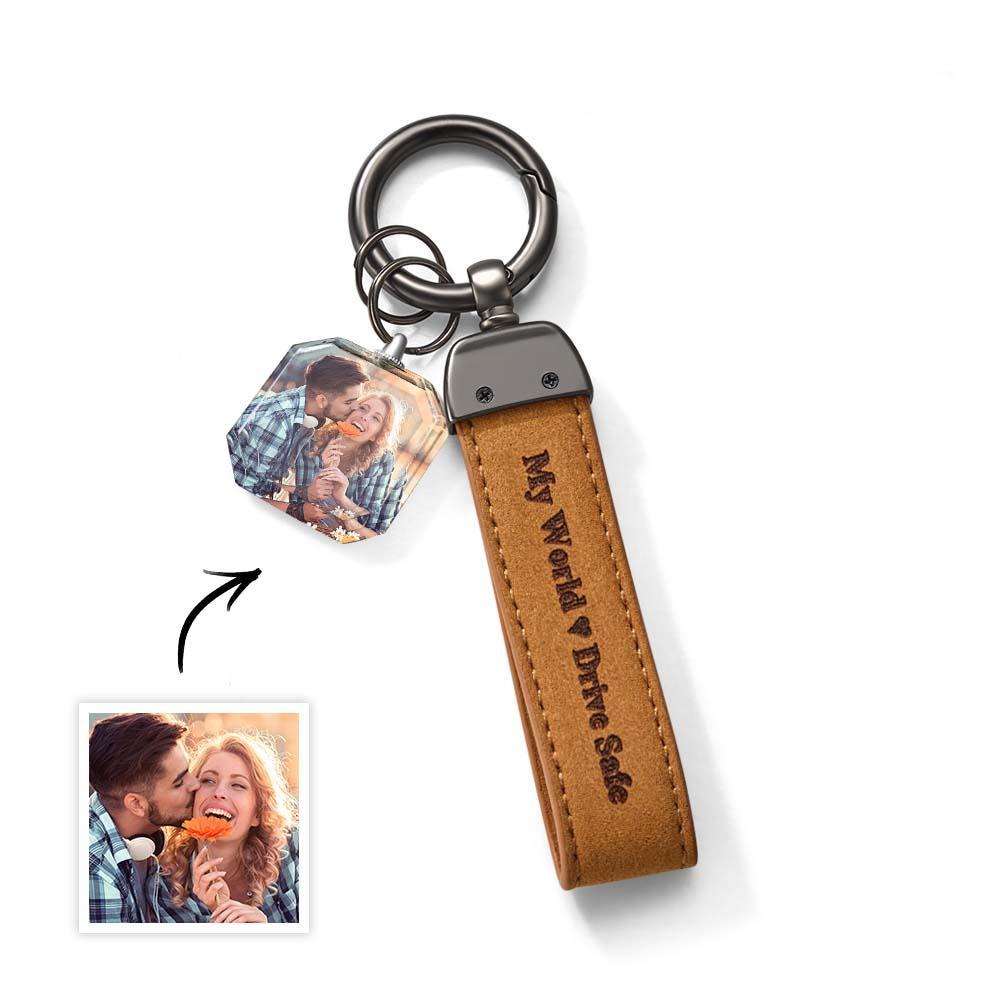 Drive Safe My Love Personalized Laser Engraved Leather Crystal Photo KeyChain - customphotokeychain