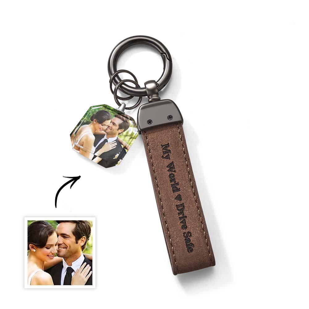 Drive Safe My Love Personalized Laser Engraved Leather Crystal Photo KeyChain - customphotokeychain
