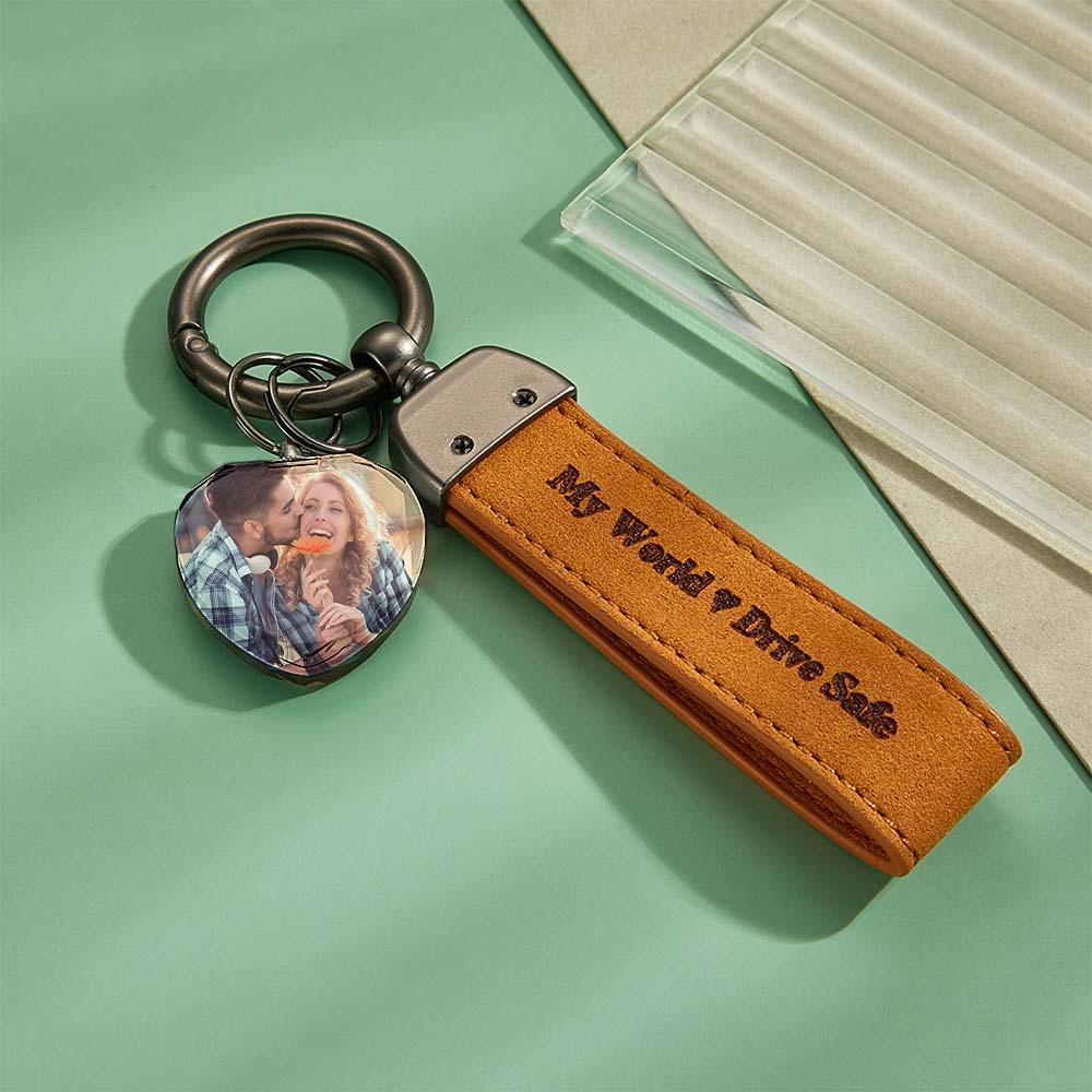 Drive Safe My Love Personalized Laser Engraved Leather Crystal Photo KeyChain - customphotokeychain