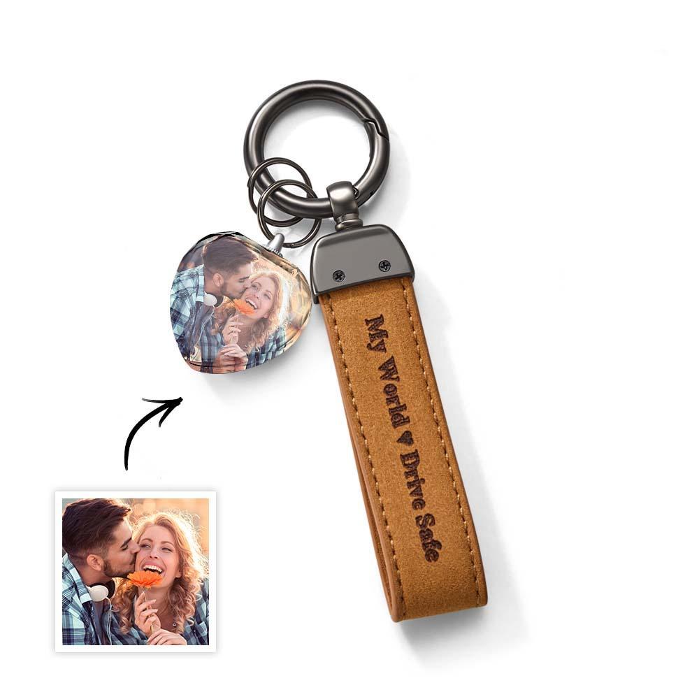Drive Safe My Love Personalized Laser Engraved Leather Crystal Photo KeyChain - customphotokeychain