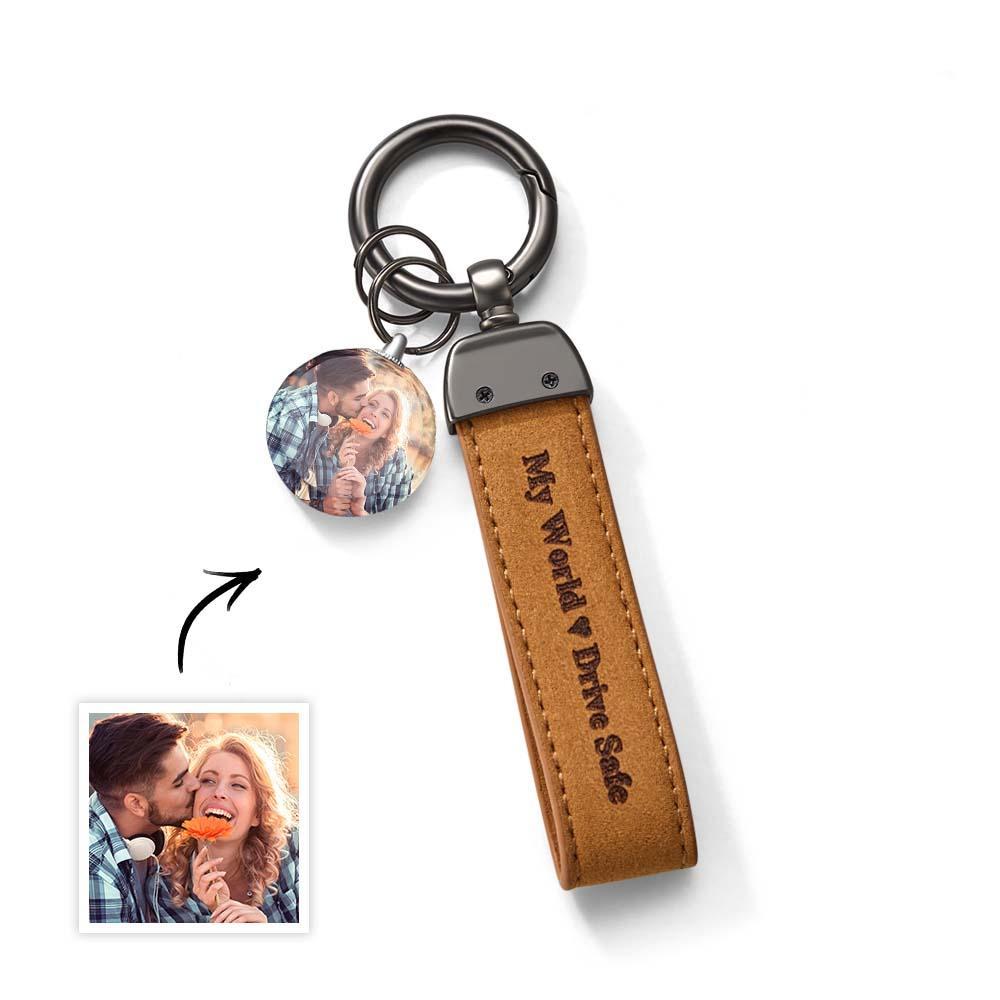 Drive Safe My Love Personalized Laser Engraved Leather Crystal Photo KeyChain - customphotokeychain