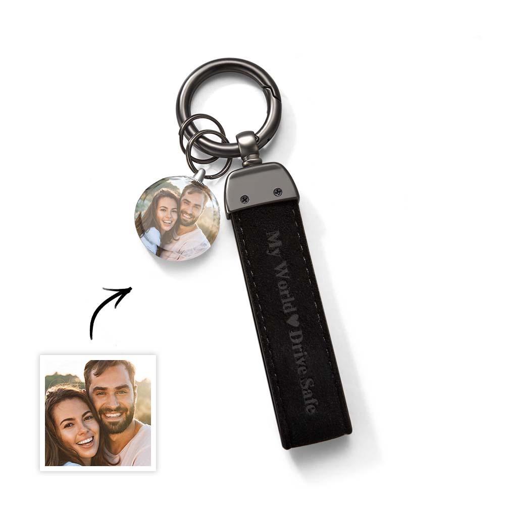 Drive Safe My Love Personalized Laser Engraved Leather Crystal Photo KeyChain - customphotokeychain