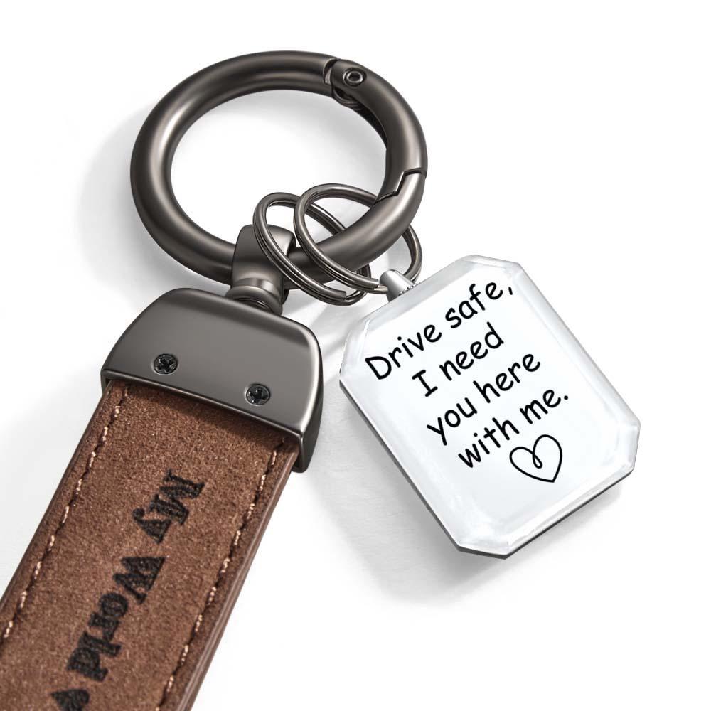 Drive Safe My Love Personalized Laser Engraved Leather Crystal Photo KeyChain - customphotokeychain
