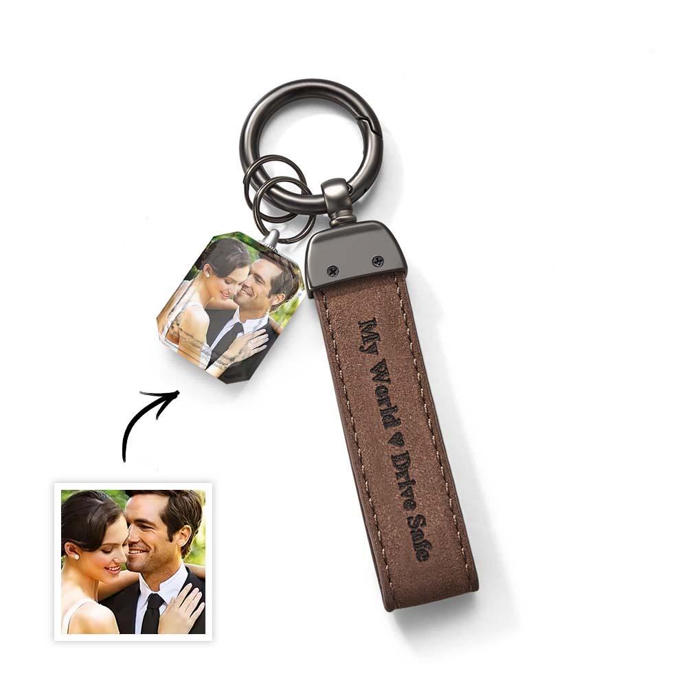 Drive Safe My Love Personalized Laser Engraved Leather Crystal Photo KeyChain - customphotokeychain
