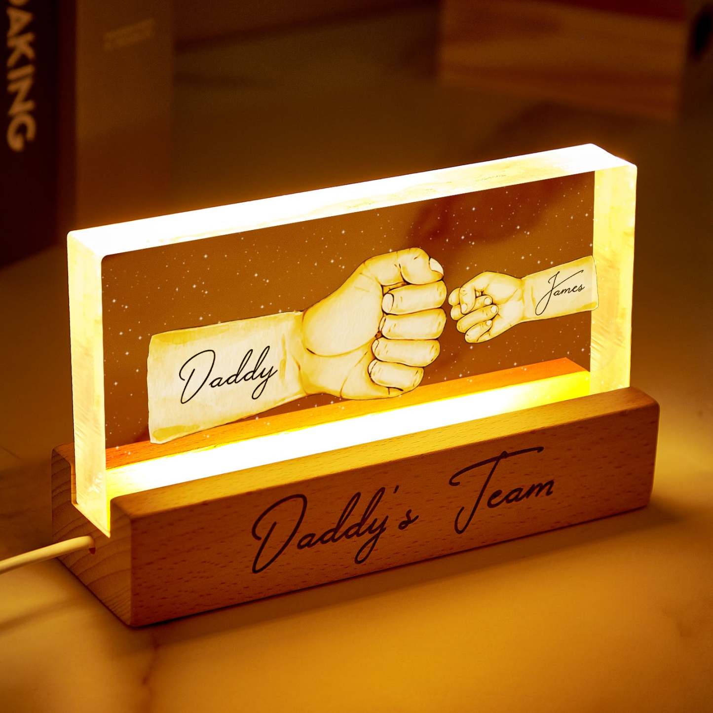 Custom Acrylic LED Night Light Personalized Daddy's Team Fist Bump Father's Day Gift For Dad - MyPhotoBoxerUk