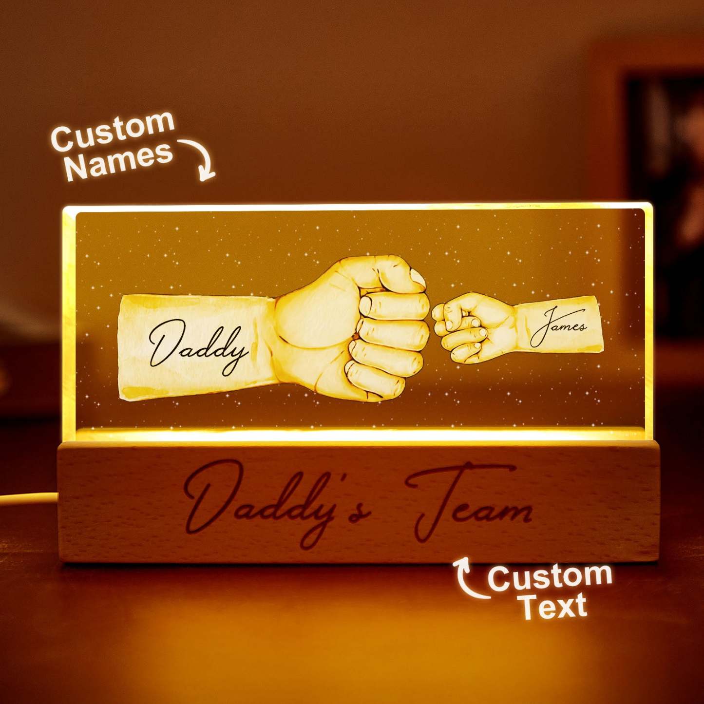 Custom Acrylic LED Night Light Personalized Daddy's Team Fist Bump Father's Day Gift For Dad - MyPhotoBoxerUk