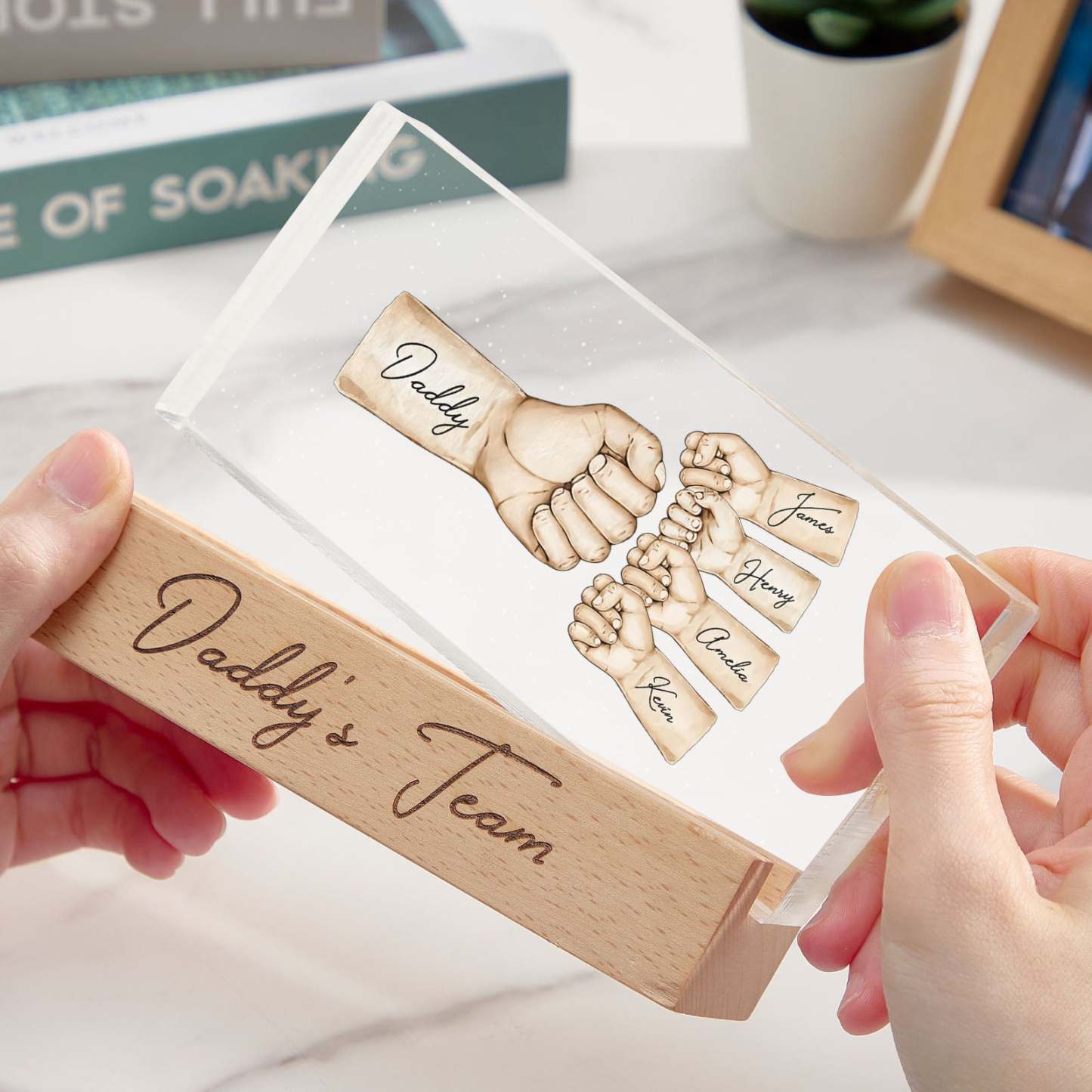 Custom Acrylic LED Night Light Personalized Daddy's Team Fist Bump Father's Day Gift For Dad - MyPhotoBoxerUk