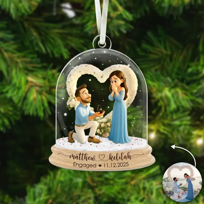 Personalized First Christmas Engaged Ornament, Acrylic Photo Keepsake, Best Christmas Gift for Couple - CustomPhotoKeychainAU