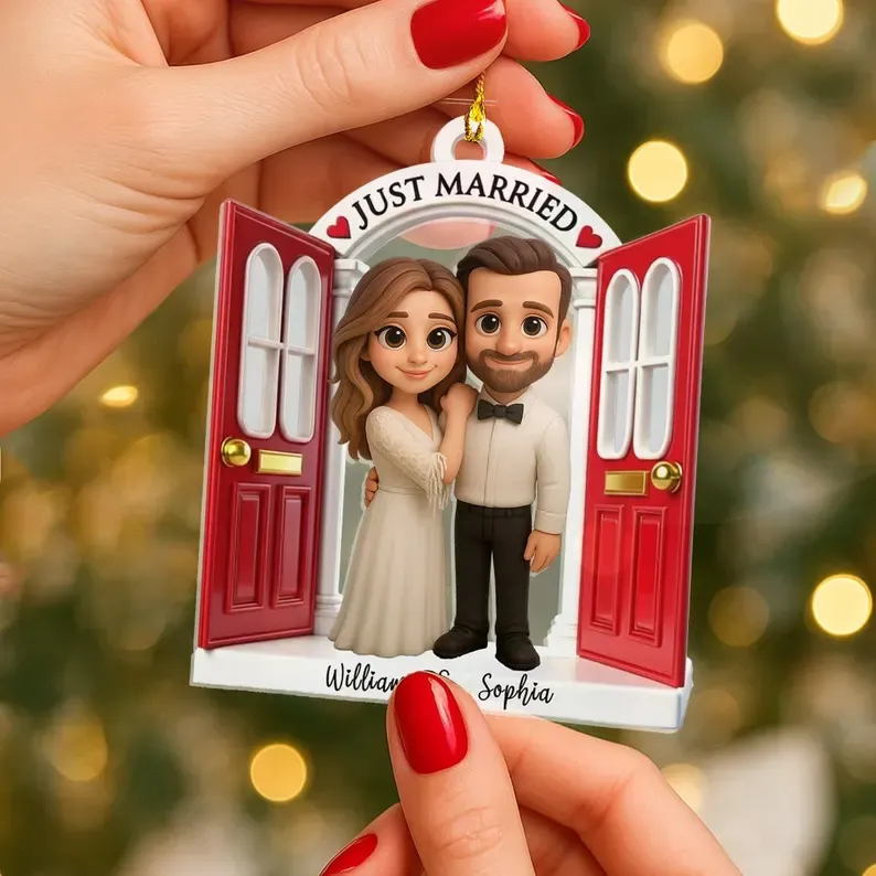 First Christmas Married Ornament:, Custom Proposal Photo Figure, Acrylic Keepsake Cartoon Style - CustomPhotoKeychainAU