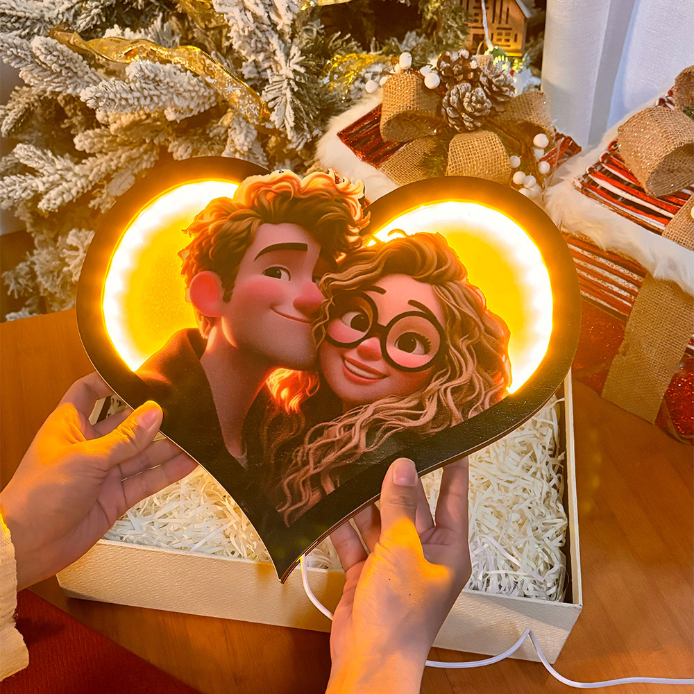 Valentine's Day Gifts Personalized Heart Photo Cartoon Portrait Frame with LED - CustomPhotoKeychainAU