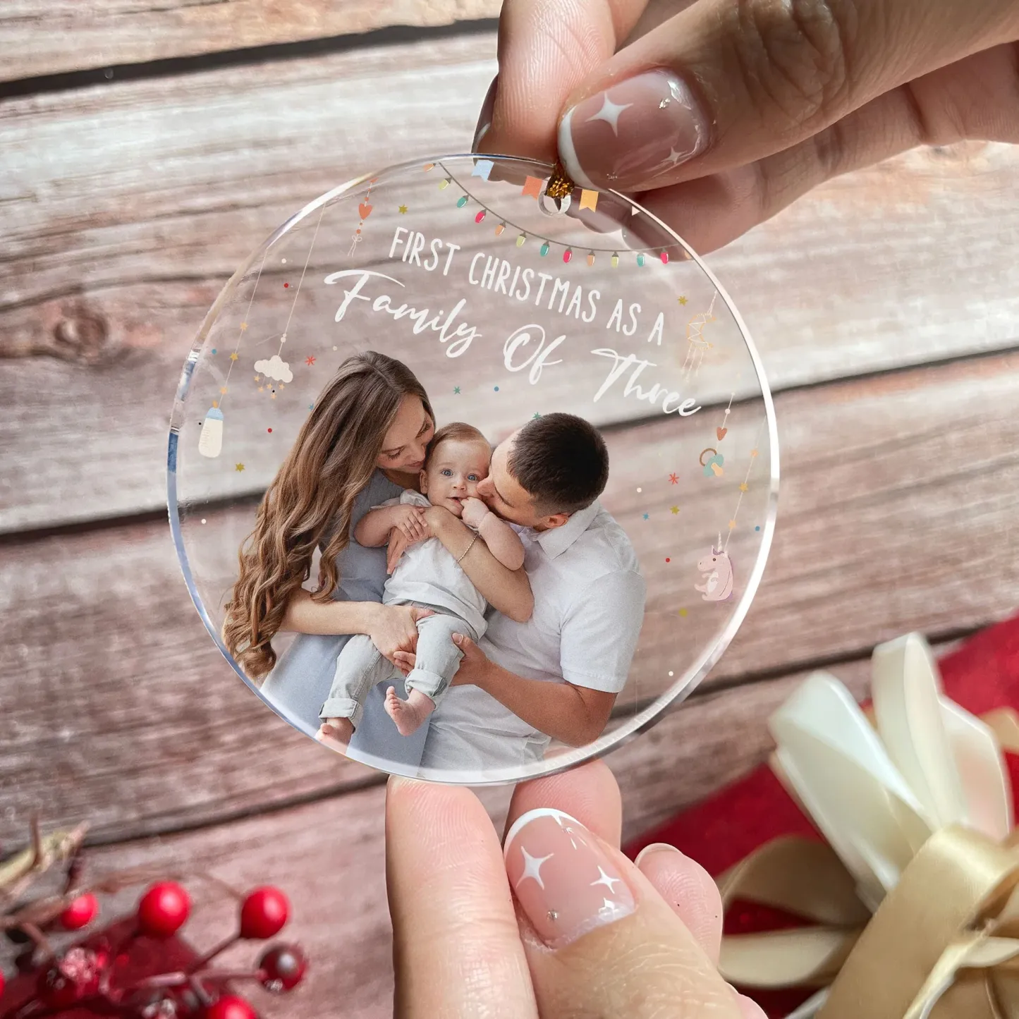 Personalized Photo Acrylic Ornament, Baby First Christmas As A Family Of Three, Best Christmas Gift for Family - CustomPhotoKeychainAU