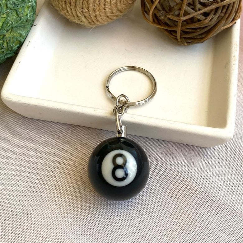 Pool Ball 8 Keychain, Miniature Real Billards Ball Keyring, Cute Fun Vintage Gifts for Him Her - customphotokeychain