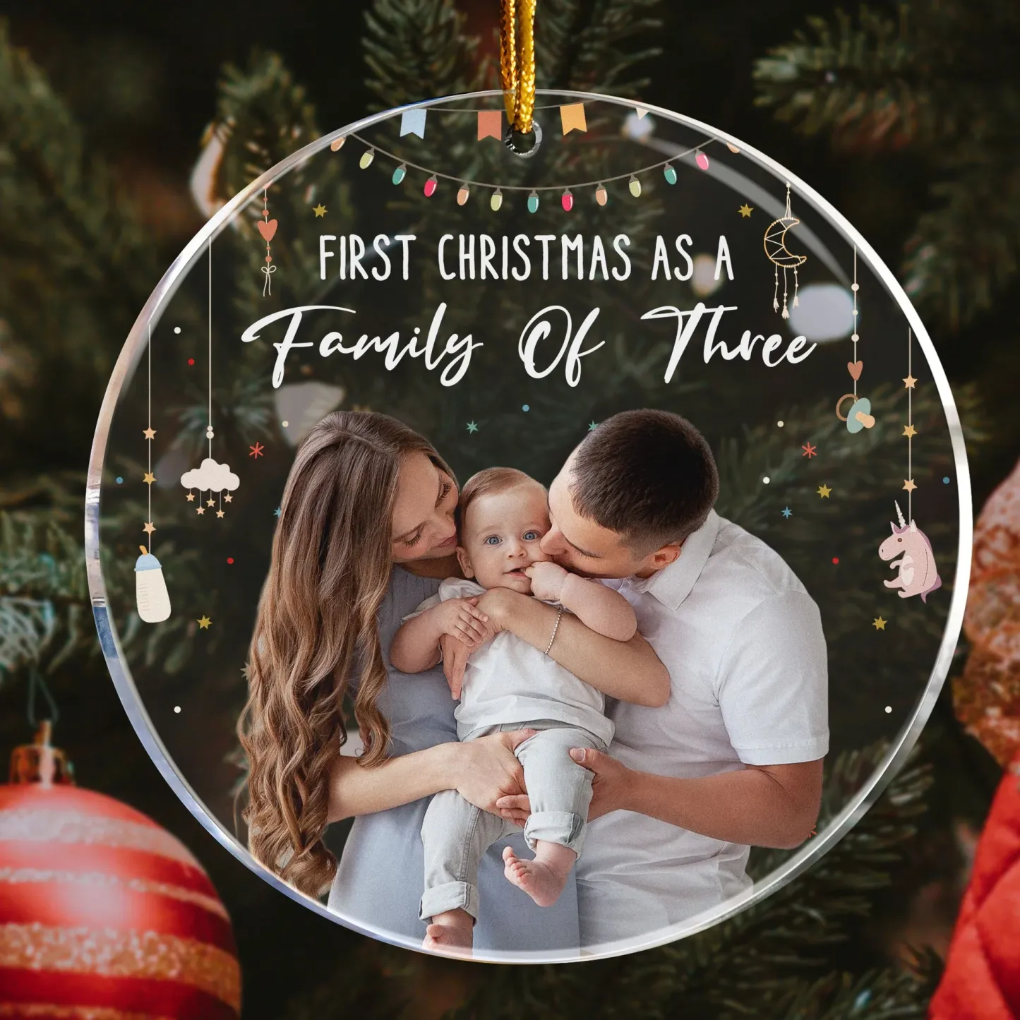 Personalized Photo Acrylic Ornament, Baby First Christmas As A Family Of Three, Best Christmas Gift for Family - CustomPhotoKeychainAU