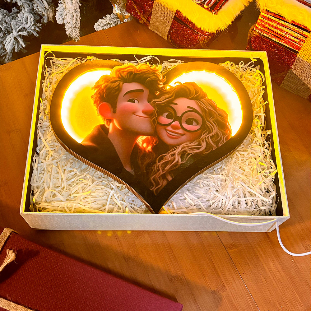 Valentine's Day Gifts Personalized Heart Photo Cartoon Portrait Frame with LED - CustomPhotoKeychainAU