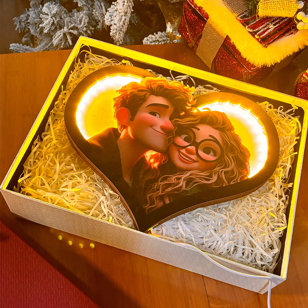 Valentine's Day Gifts Personalized Heart Photo Cartoon Portrait Frame with LED - CustomPhotoKeychainAU