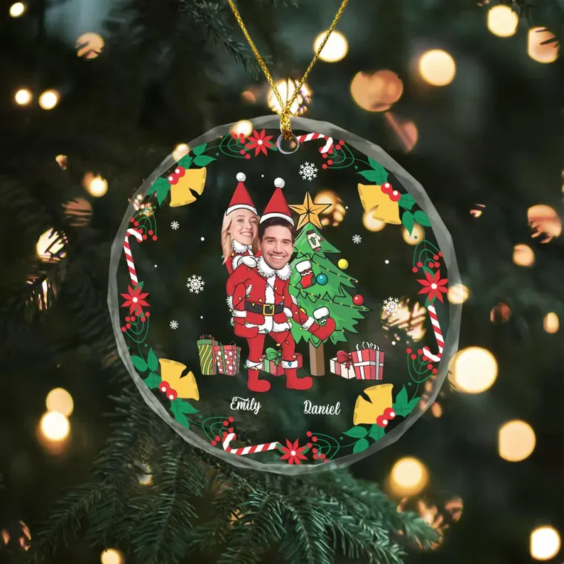Couple Santa Christmas Ornament, Personalized Couple Funny Face Photo Ornament, Custom Face Gift For Husband Wife, Christmas Wedding Photo - CustomPhotoKeychainAU