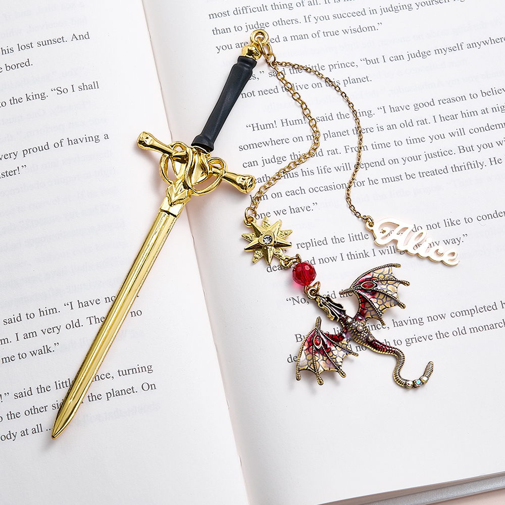 Personalized Dragon Sword Bookmark – Custom Name Fantasy Winged Dragon Metal Charm Gift for Book Lovers - 