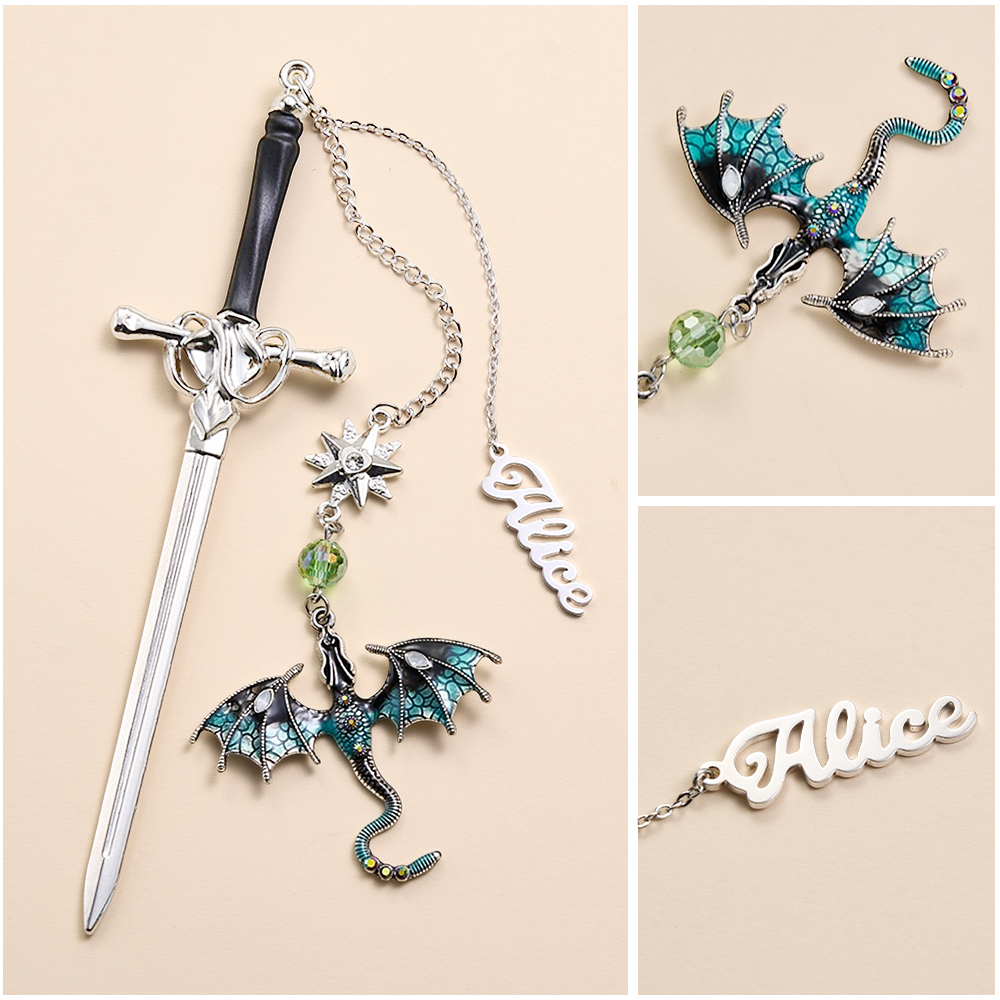 Personalized Dragon Sword Bookmark – Custom Name Fantasy Winged Dragon Metal Charm Gift for Book Lovers -