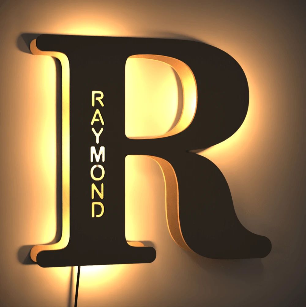 Custom Woodcut Alphabet Wall Light Night Light - MyPhotoWalletAU