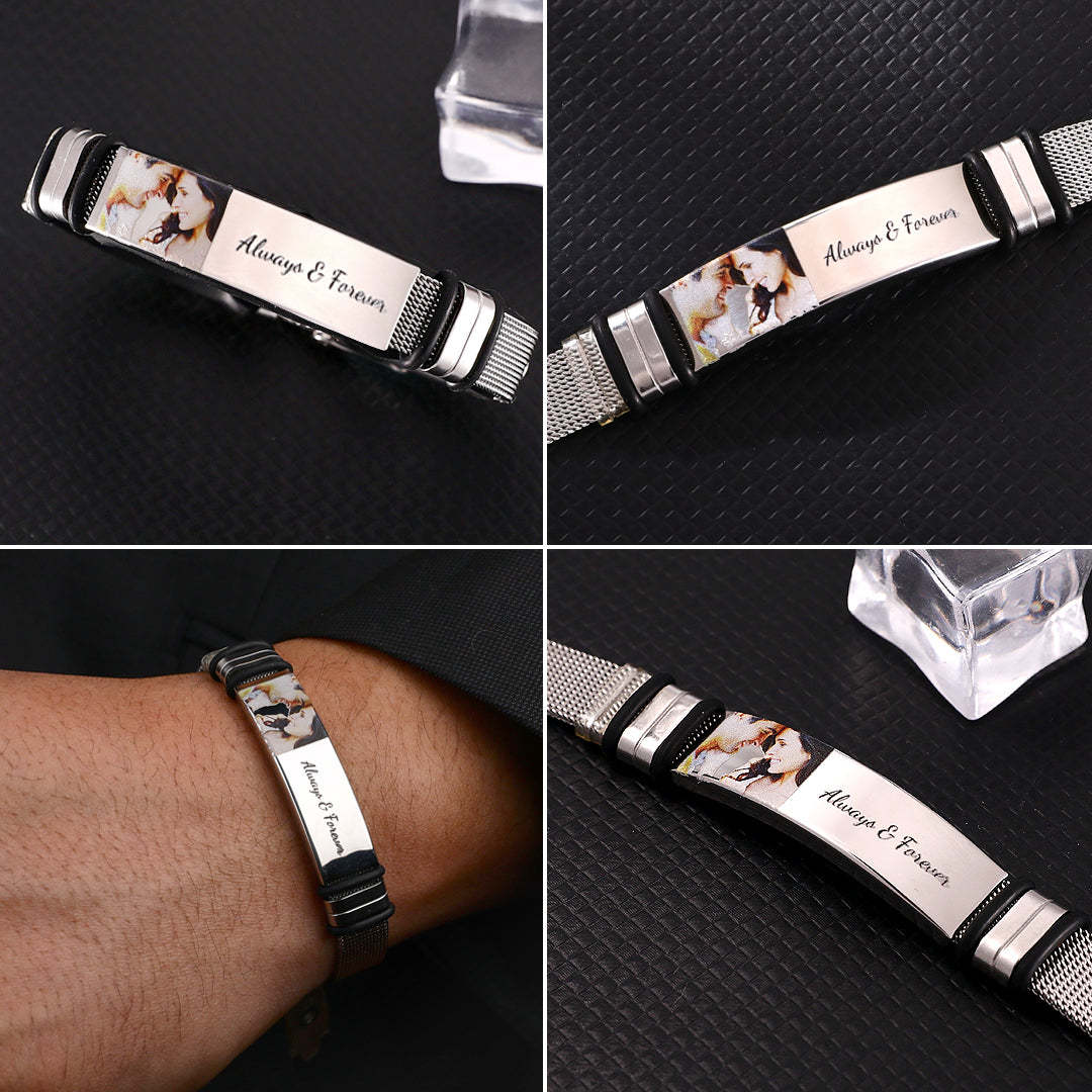 Gift For Him Custom Photo Bracelet Engraved Stainless Steel Bracelet - 
