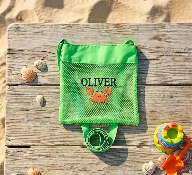 Personalized Embroidered Mesh Beach Bag, Custom Name Shell Collection Tote for Kids, Summer Vacation Birthday Gift,Pool Bag,gift for kid - 