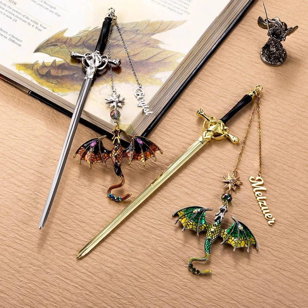 Personalized Dragon Sword Bookmark – Custom Name Fantasy Winged Dragon Metal Charm Gift for Book Lovers -