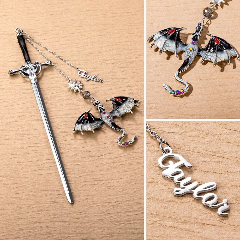 Personalized Dragon Sword Bookmark – Custom Name Fantasy Winged Dragon Metal Charm Gift for Book Lovers - 