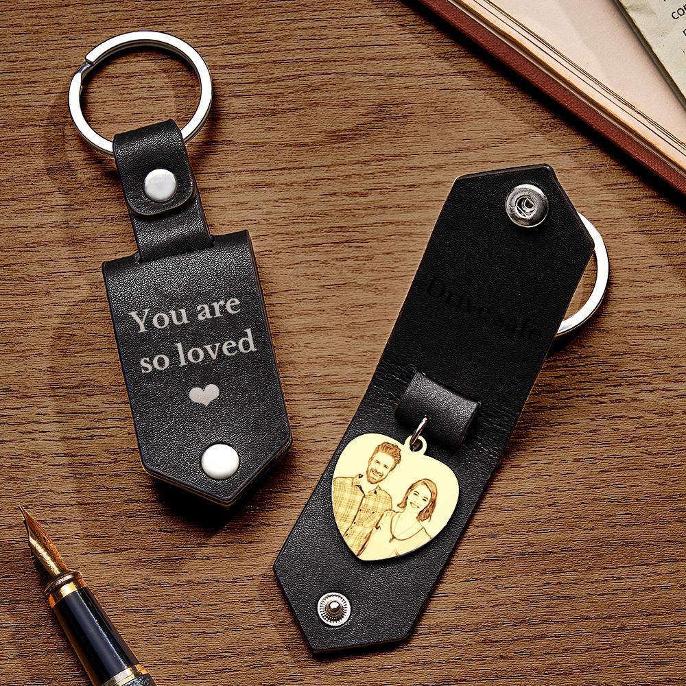 Custom Heart Shaped Photo Leather Keychain With Text Annivesary Gifts For Men - myphotowalletau