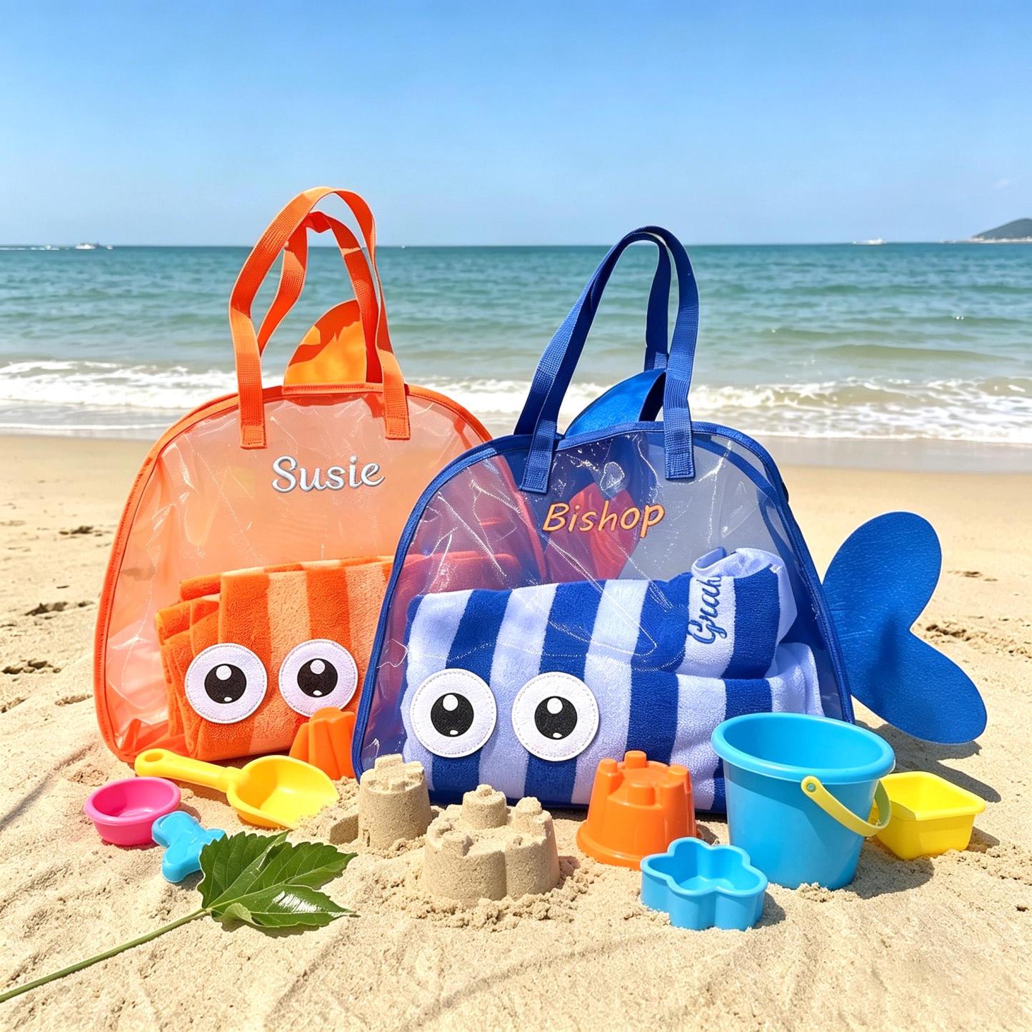 Custom Embroidered Kids Beach Bag, Mesh Fish Beach Tote, Personalized Children's Beach Tote Bag, Kids' Toy Beach Bag, Gift for Kids - 