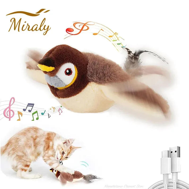 Interactive Cat Toys Rechargeable Flying Bird Cat Toy Chirping Flapping Bird(no Flying) Can Add Catnip Touch Activated Plush Toy - 