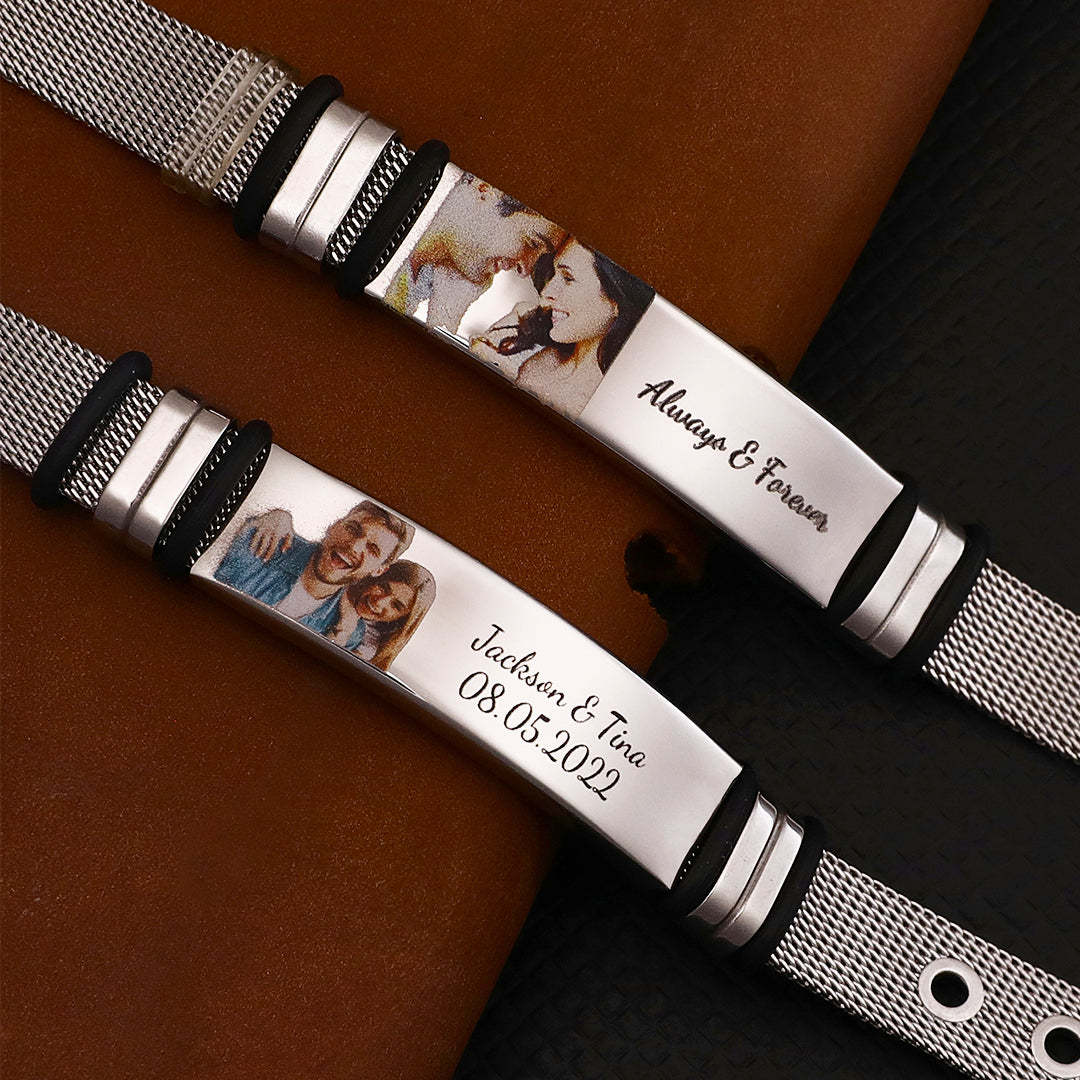 Gift For Him Custom Photo Bracelet Engraved Stainless Steel Bracelet - 