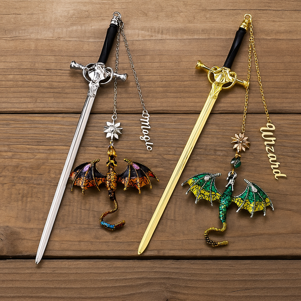 Personalized Dragon Sword Bookmark – Custom Name Fantasy Winged Dragon Metal Charm Gift for Book Lovers -