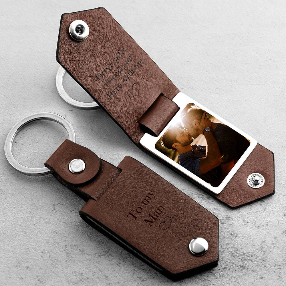 Drive Safe Keychain Gift for LGBT Custom Leather Photo Text Keychain with Engraved Text - myphotowalletau