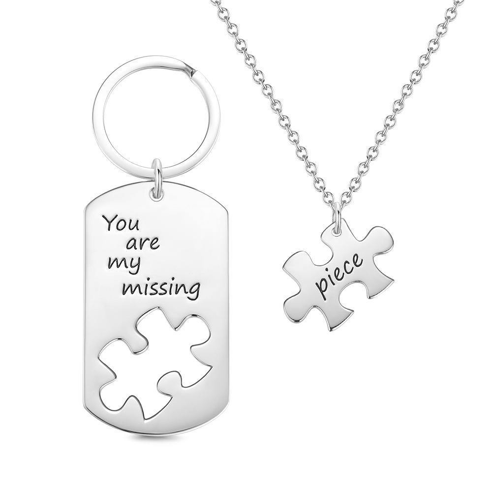 Custom Engraved Couple Keychain and Necklace Set - Puzzle Dog Tag - MyPhotoWalletAU