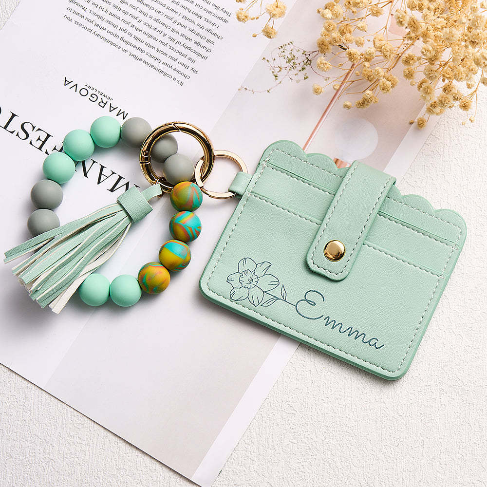 Personalised Birth Flower Leather Wallet with Beaded Bracelet Wallet Gift for Her - myphotowalletau