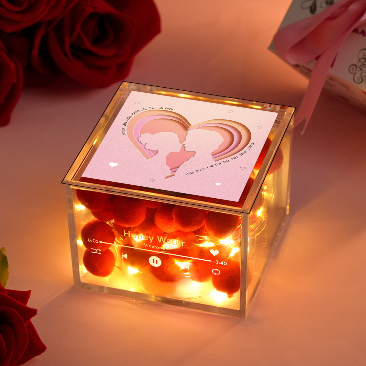 Valentine's Day Mini Vinyl Record Player with Custom Photo and Light Personalized Music Acrylic Box -