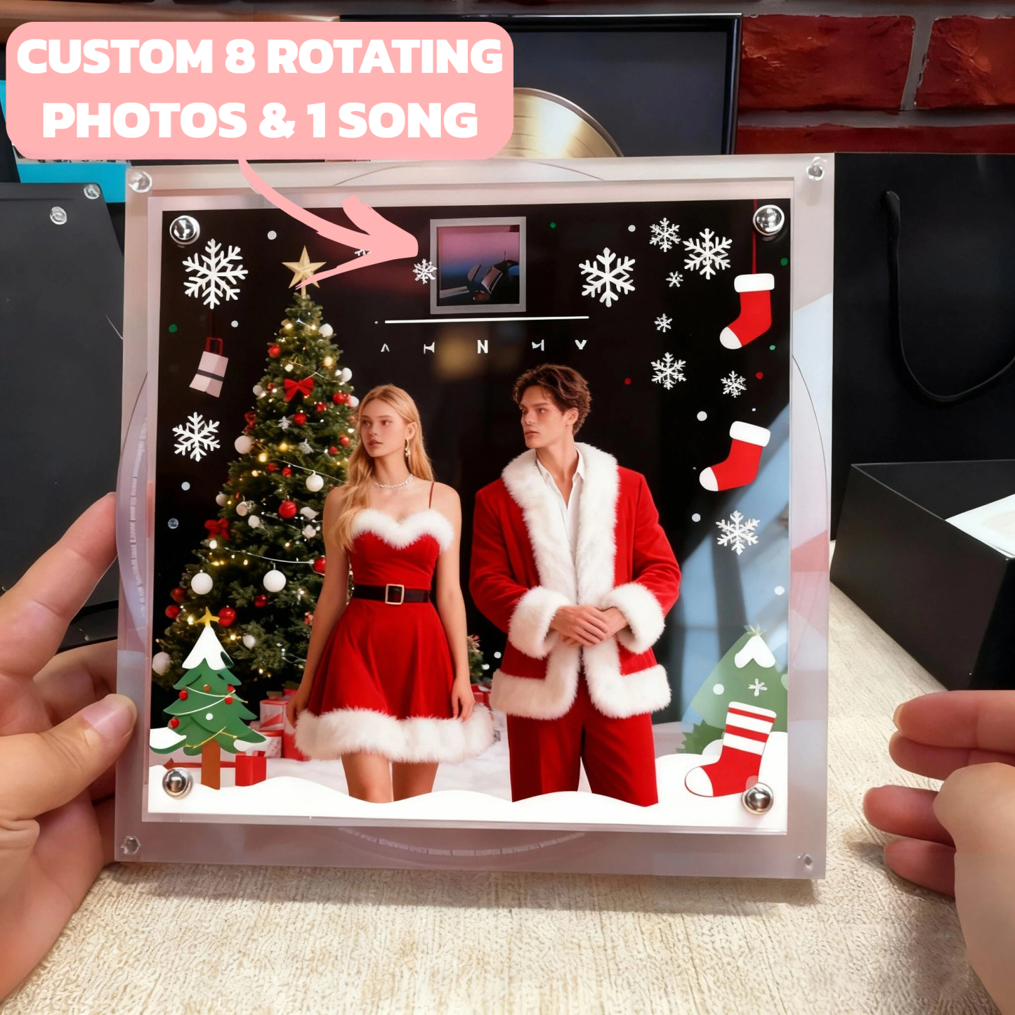 Christmas Personalized Music & Photo CD Ornament – 1 Song with 8 Rotating Photos, Custom Acrylic Plaque Gift for Couples, Friends & Family - 