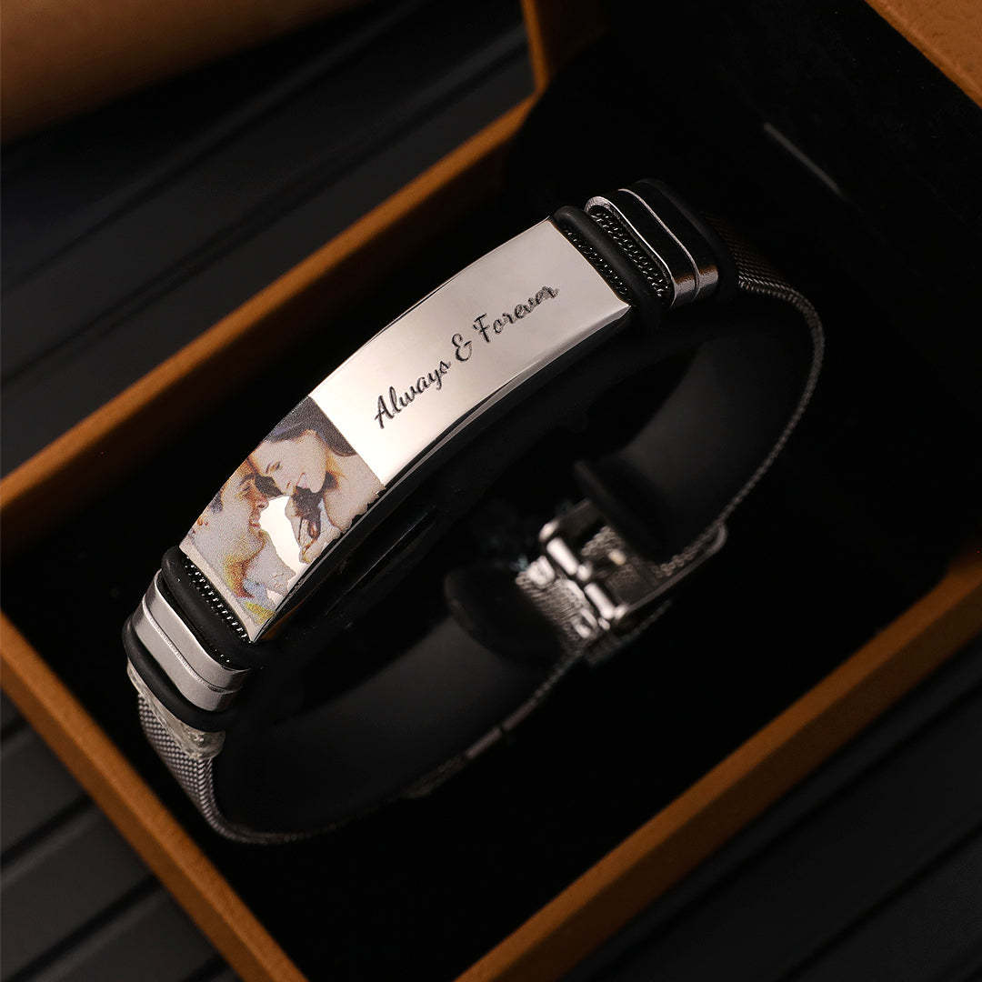 Gift For Him Custom Photo Bracelet Engraved Stainless Steel Bracelet - 